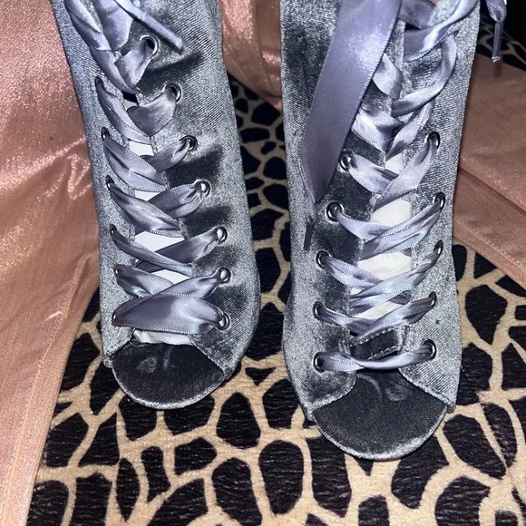 Velvet gray/silver/pewter with a Gray satin ribbon lace up high pump booty. - Picture 4 of 14